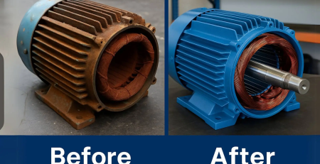 Preventative Maintenance in Industrial Automation: Side-by-side comparison of an electric motor before and after service. The 'Before' side shows a rusted, worn-out motor, while the 'After' side features a clean, refurbished motor with fresh blue paint and polished components.