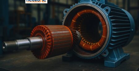 Electric Motor Overhaul in progress: A disassembled electric motor showing detailed rotor and stator components with copper windings. The rotor is positioned in front of the stator in a workshop setting, with the Neutronic logo visible in the upper left corner.
