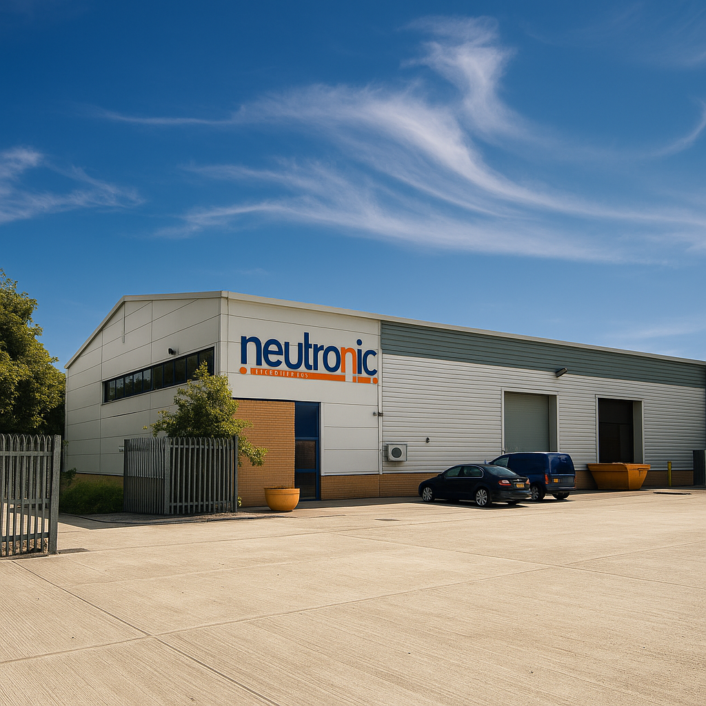 Exterior view of Neutronic Technologies Ltd headquarters in Warrington, featuring the company’s logo on the building with a clear blue sky and parking area in front.