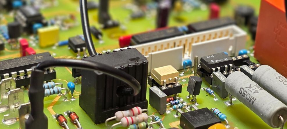 Close-up of a green electronic circuit board featuring resistors, capacitors, integrated circuits, connectors, and multicolored wires, representing LJU Automation technology.