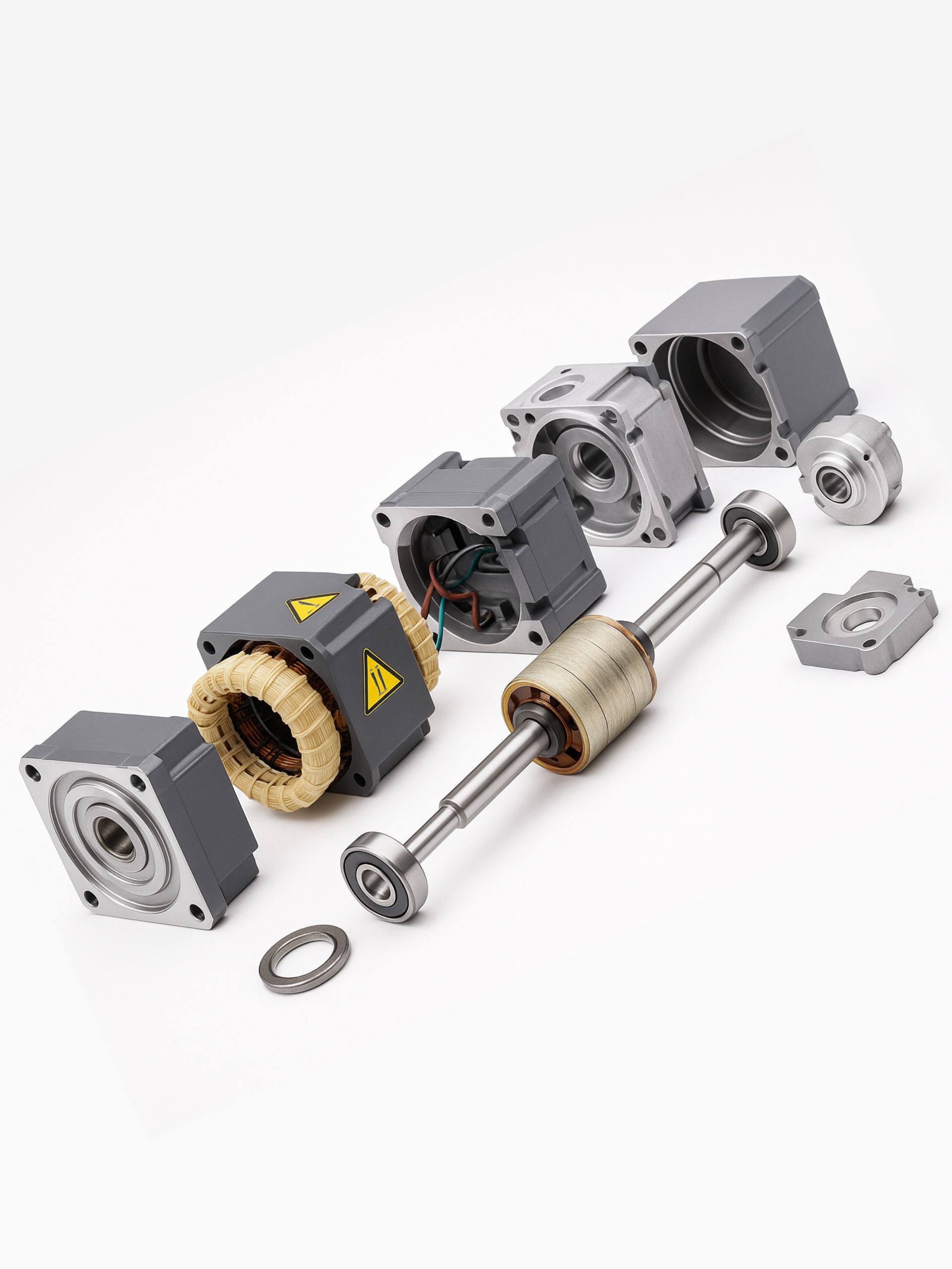Exploded view of a servo motor prepared for repair, displaying rotor, stator, bearings, and housing components arranged linearly on a white background.