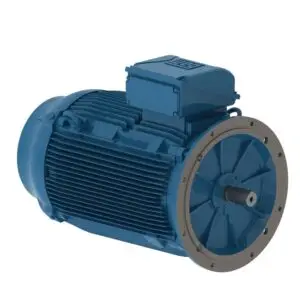 Fully assembled blue WEG W22 IE4 30kW 4‑pole cast‑iron electric motor with front B5 flange, cooling fins, terminal box, and output shaft.